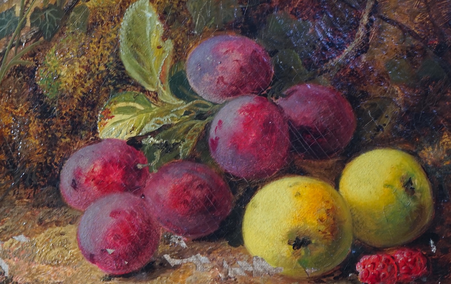 George Clare (English, 1830-1900), Still life of plums, apples and raspberries, oil on canvas, 15 x 23cm